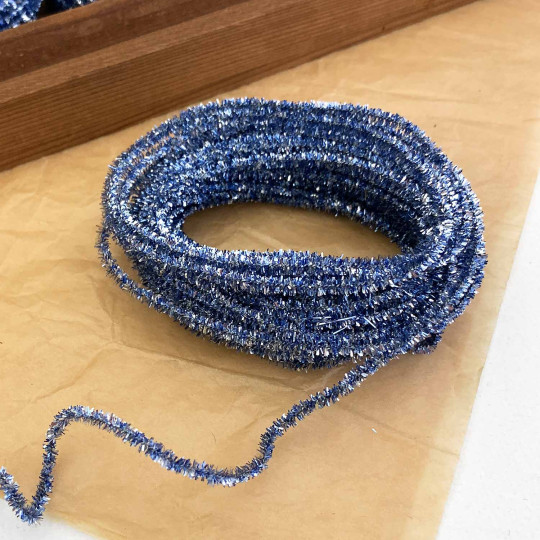 Mini Metallic Wired Tinsel Cord in Ice Blue + Silver ~ 1/8" wide ~ 10 meter length